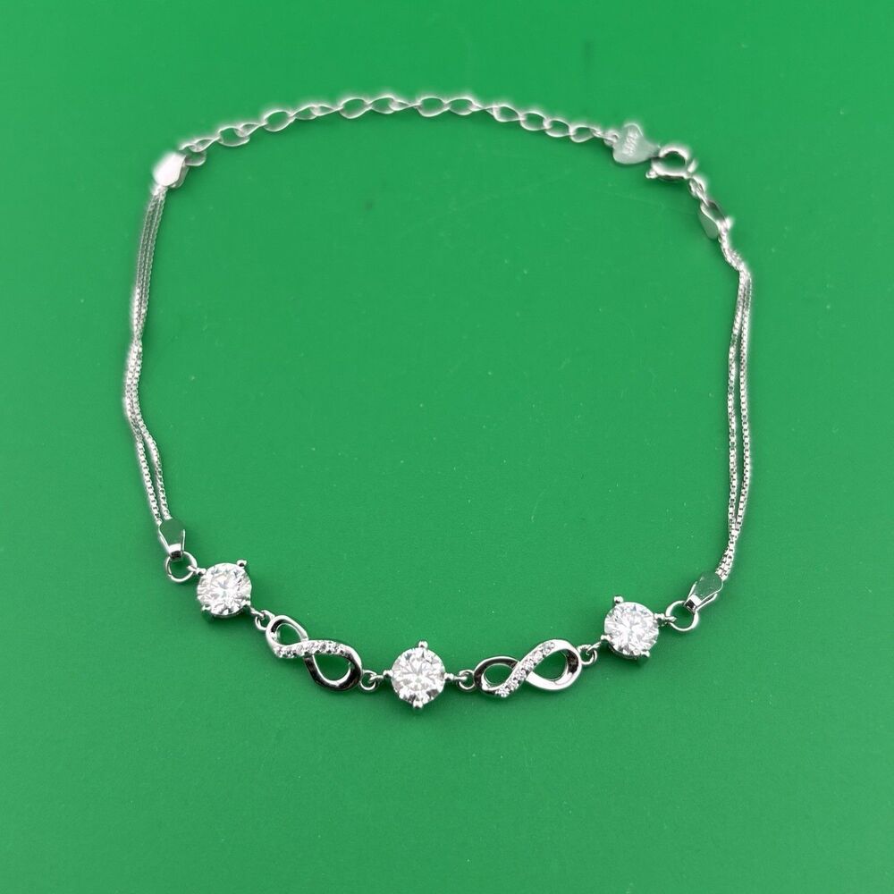 Round Cut Moissanite Infinity Bracelet in Solid 925 Sterling Silver + GRA Card